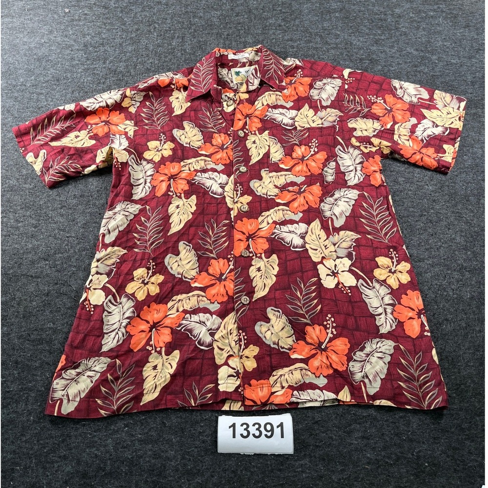 Ron Chereskin Hawaiian Shirt Mens Medium Burgundy Floral Rayon Vintage Excellent